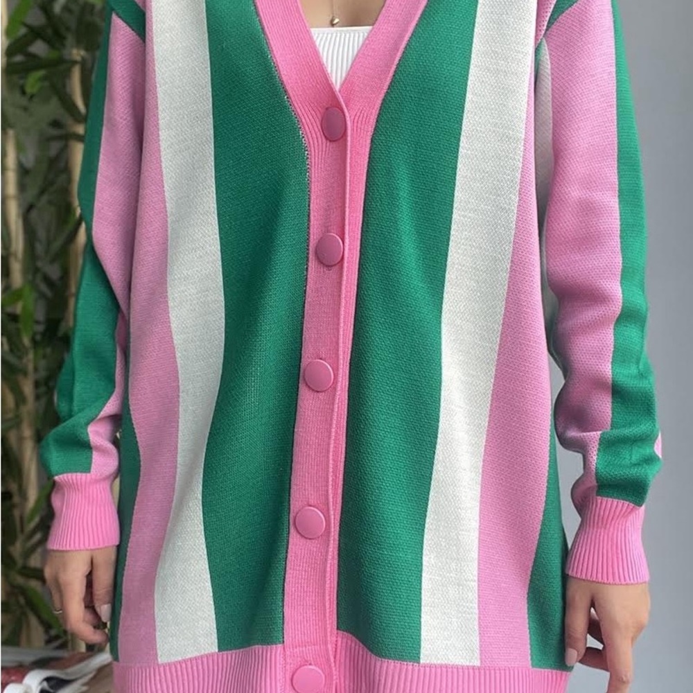 Longline Striped Button-Up Cardigan in Pink, Green & White